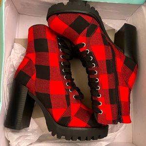 Red and black plaid high heeled combat style boot.  New!  Never worn! NYLA Brand